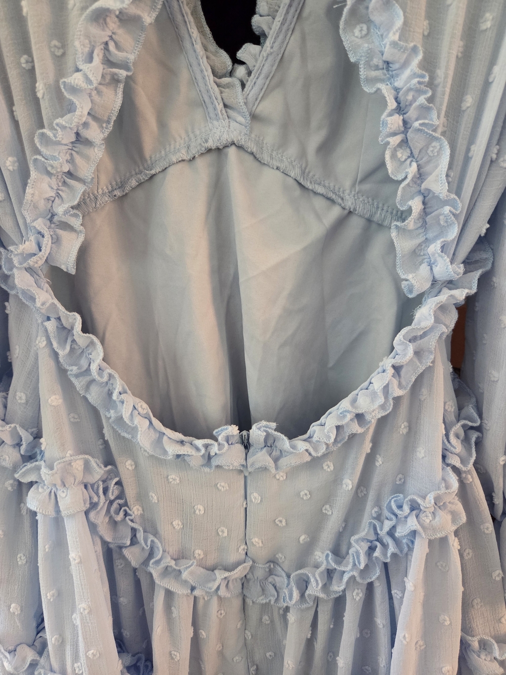 Saints + Secrets Romantic Sky Blue Tiered Ruffled Open Back Mini Dress - Size S - Picture 11 of 11
